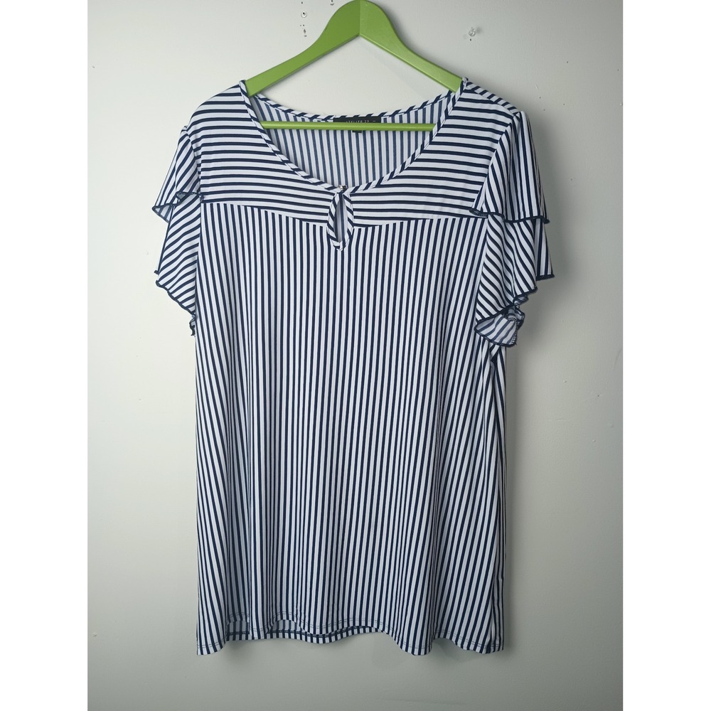 Atelier 29 Woman Navy Blue White Striped Flutter Sleeve Keyhole Top 1X 21897XA